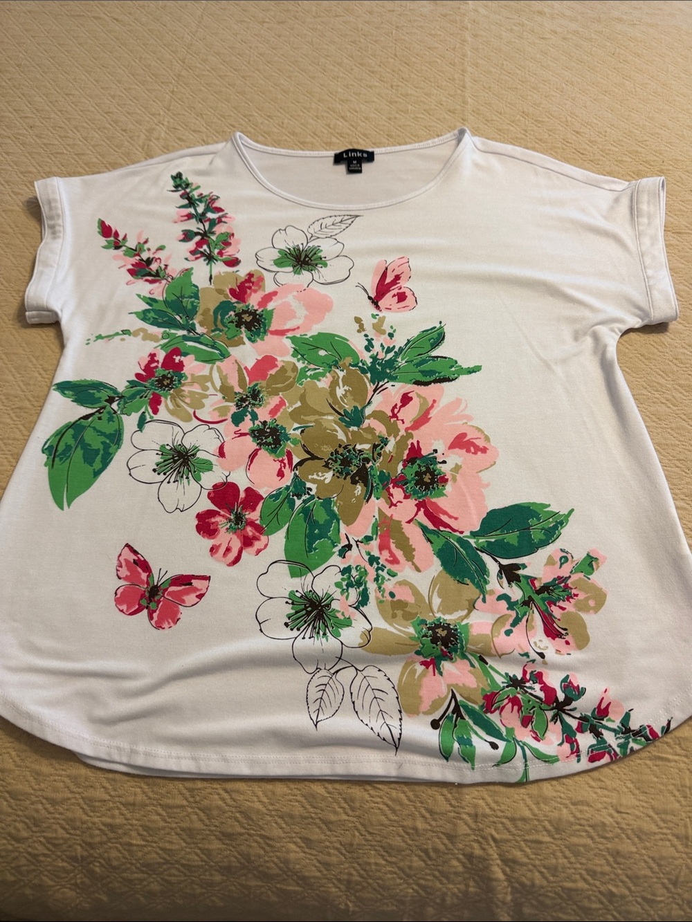 Link White Short Sleeve Tee with Pink and Green Floral & Butterfly Print